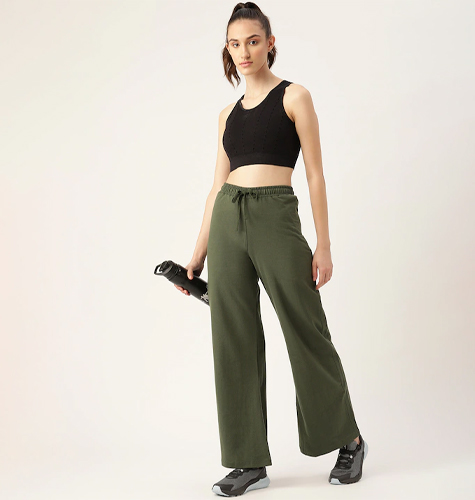 Women Olive Green Solid Cotton Wide Leg Track Pants